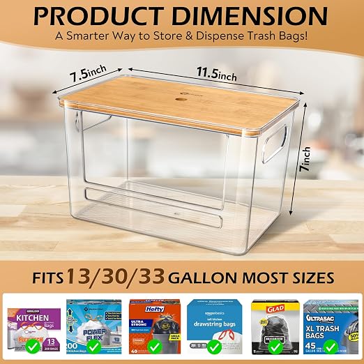 Stackable Trash Bag Dispenser with Wooden Top for Holding 13/30/33-Gallon Large Bag Sizes – Extra-Large Garbage Bag Holder with Anti-Slip Base, Trash Bag Dispenser Under Sink (11.5"x7.5"x7" inches)