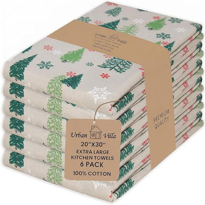 Urban Villa Kitchen Towels Christmas Green Trees Print Premium Quality,100% Cotton Dish Towels Mitered Corners Ultra Soft (Size: 20X30 Inch) Highly Absorbent Bar Towels & Tea Towels - (Set of 6)