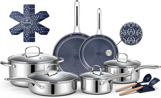 Ammeloo Hybrid Stainless Steel Cookware Set, 17-Piece Tri-Ply Pots and Pans Set Non Stick, Induction Kitchen Cookware Sets, Dishwasher & Oven Safe, PFOA Free, All Cooktops Compatible, Navy Blue