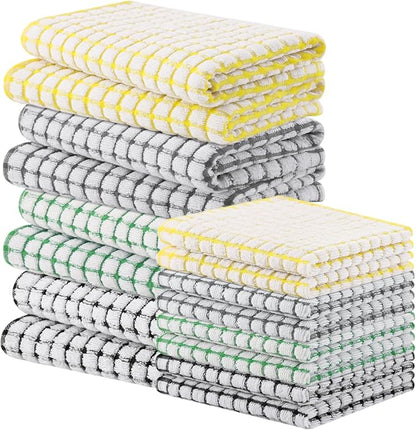 Homaxy Kitchen Towels and Dishcloths Set, 16 x 25 and 12 x 12 Inches, Set of 16 Cotton Terry Kitchen Dish Towels, Super Soft and Absorbent Dish Cloths, Black/Grey/Yellow/Green