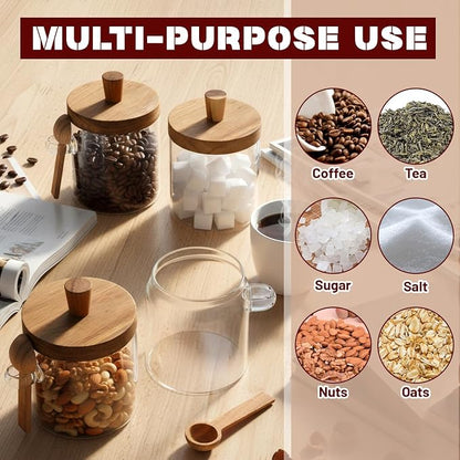 Remerry Set of 4 Glass Jar with Wooden Lid and Spoon, 13.5 oz Coffee Bean Tea Sugar Jar Set, Clear Airtight Spice Canisters Glass Food Storage Kitchen Containers for Coffee Bean Tea Sugar