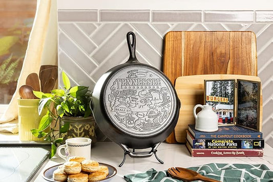Lodge 12 Inch Cast Iron Skillet – Pre-Seasoned Frying Pan with Teardrop Handle – Oven, Stovetop, Grill & Campfire Use – Made in USA – Non-Toxic, Even-Heating Cookware – Tennessee