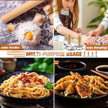 9 Pcs Gnocchi Pasta Making Tools kit - Gnocchi Board, Pasta Cutter, Ravioli Stamp, Wood Threaded Pasta Roller Pin Set, Noodle and Dumplings Maker, Homemade Kitchen Gift for Pasta Lovers