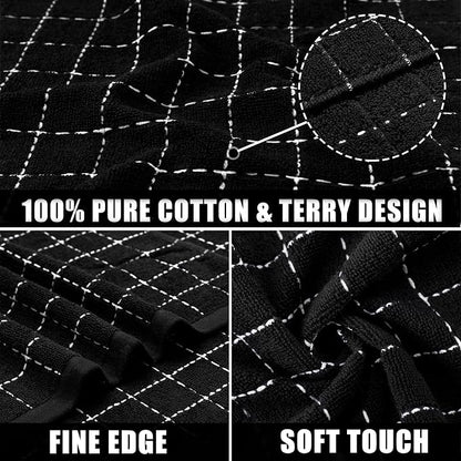 Mordimy 100% Cotton Terry Cloth Kitchen Towels, Super Soft and Absorbent Dish Towels for Drying, Checkered Designed Hand Towels for Kitchen, 13 x 28 Inches, 4 Pack, Black
