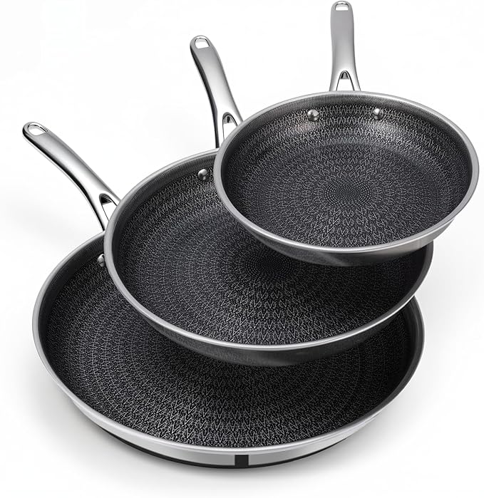 Ammeloo Hybrid Tri-Ply Stainless Steel Frying Pan Set, 8"/9.5"/11" Cooking Pans, Non Stick Frying Pans and Skillets, Chef Pan, Non Toxic, Dishwasher Safe, Induction Compatible, Black Interior