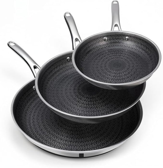 Ammeloo Hybrid Tri-Ply Stainless Steel Frying Pan Set, 8"/9.5"/11" Cooking Pans, Non Stick Frying Pans and Skillets, Chef Pan, Non Toxic, Dishwasher Safe, Induction Compatible, Black Interior