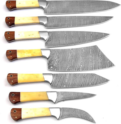 Professional Handmade Damascus Kitchen Chef Knife Set with Bone handle and Damascus Steel Blade, Kitchen Knife set with Leather Roll Bag (1064)