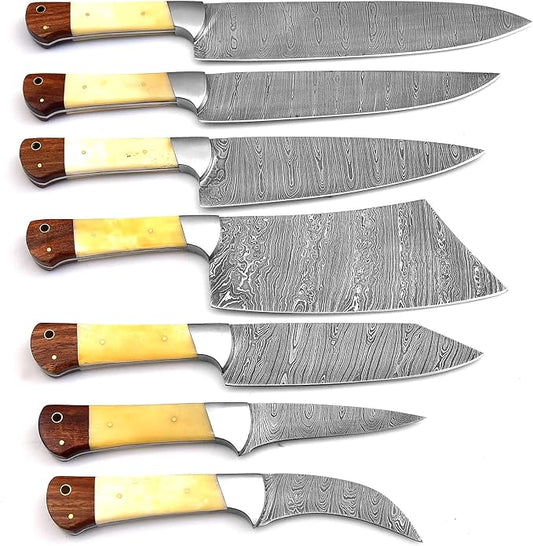 Professional Handmade Damascus Kitchen Chef Knife Set with Bone handle and Damascus Steel Blade, Kitchen Knife set with Leather Roll Bag (1064)
