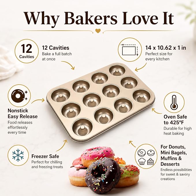 Good Dee's Nonstick Donut Pan for Baking 12 Cavity - Carbon Steel Donut Baking Pan for Muffin, Cake, Dessert & Mini Bagel | Doughnut Bakeware for Oven Baking | Mold Donut Trays Easy Clean & Non-Stick