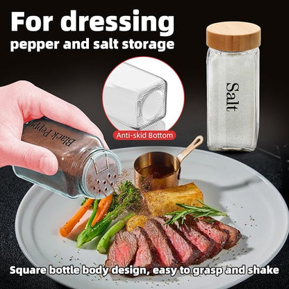 6Pcs 4 oz Square Glass Spice Jars with Label, Empty Spice Containers with Bamboo Lids , Square Seasoning Containers and Supplement Set, Small Seasoning Bottles for Salt, Herbs, Sugar, Pepper (6)
