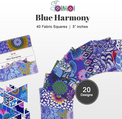 Soimoi 40 Pcs Cotton Fabric Squares Bundles Charm Packs for Quilting, Fat Quarter Layer Cakes, Precuts Quilt Squares 5 x 5 inches, DIY Fabric Bundle - Blue Harmony