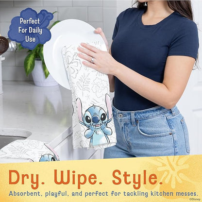 Disney Kitchen Towels & Oven Mitts Set – 4 Piece Bundle with 2 Cotton Dish Towels/Hand Towels & 2 Heat Resistant Mini Oven Mitts (Pot Holders) – Mickey, Stitch & Pooh (Stitch)