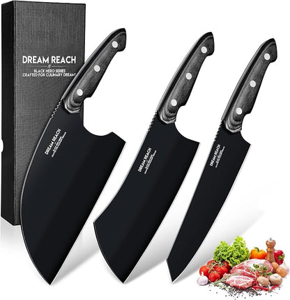 Dream Reach Butcher Knife Set - 3PCS Black Cleaver Knives Kit for Meat Cutting BBQ Outdoor Hand Forged Serbian Chef Cleaver for Mother Father Gift Idea