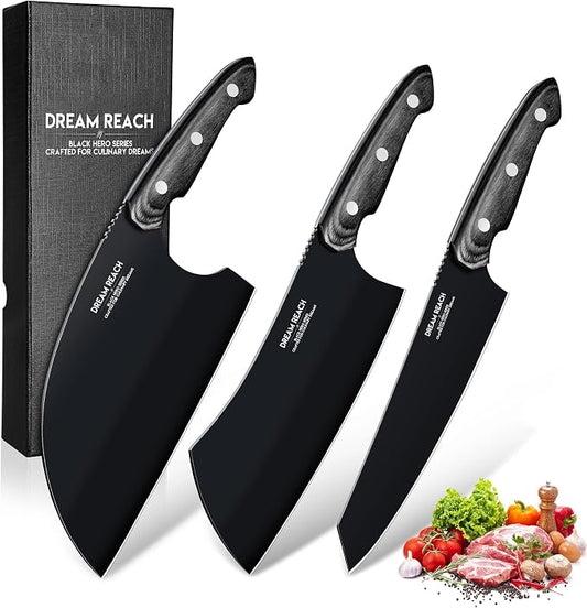 Dream Reach Butcher Knife Set - 3PCS Black Cleaver Knives Kit for Meat Cutting BBQ Outdoor Hand Forged Serbian Chef Cleaver for Mother Father Gift Idea