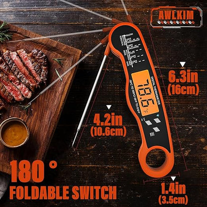 Fast Instant Read Meat Thermometer with Backlight - Waterproof Digital Food Probe for Grilling, Cooking, Baking & Candy Making - Kitchen & BBQ Essential(Orange)