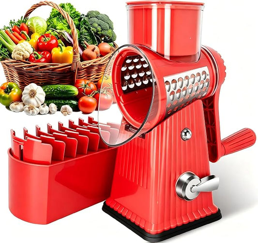 Rotary Cheese Grater with 5 Well-designed Blades & Strong Suction Base, Kitchen Mandoline Vegetable Slicer with Blade Storage Box (RED)