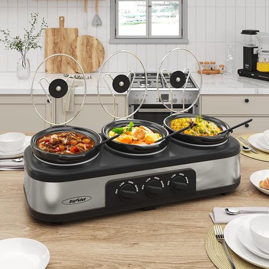 Sunvivi Triple Slow Cooker, Buffet Server & Warmer with 3 Removable Ceramic Pots, 3 Adjustable Temp Settings & 3 Metal Lid Rests, Stainless Steel, 3 * 1.5 Quarts Silver