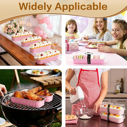 50 Pack Mini Cake Pans with Lids and Spoons, Mini Loaf Baking Pans 6.8oz, Small Disposable Aluminum Foil Loaf Pans, Rectangular Baking Containers for Party and Picnics, Cheesecake Pans (Pink)