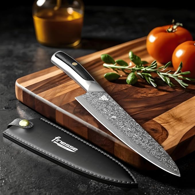 8" Professional Chef Knife, 67-Layer Damascus Steel Kitchen Knife with Ergonomic Handle, Premium Knife for Home & Professional Cooking + Leather Sheath & Gift Box