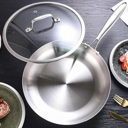 Inqibee Tri-Ply Stainless Steel Frying Pans Set with Lid, 8”/9.5”/11” Skillets, Induction Cooking Pans Set, Riveted Handle, Even Heating and Oven Safe
