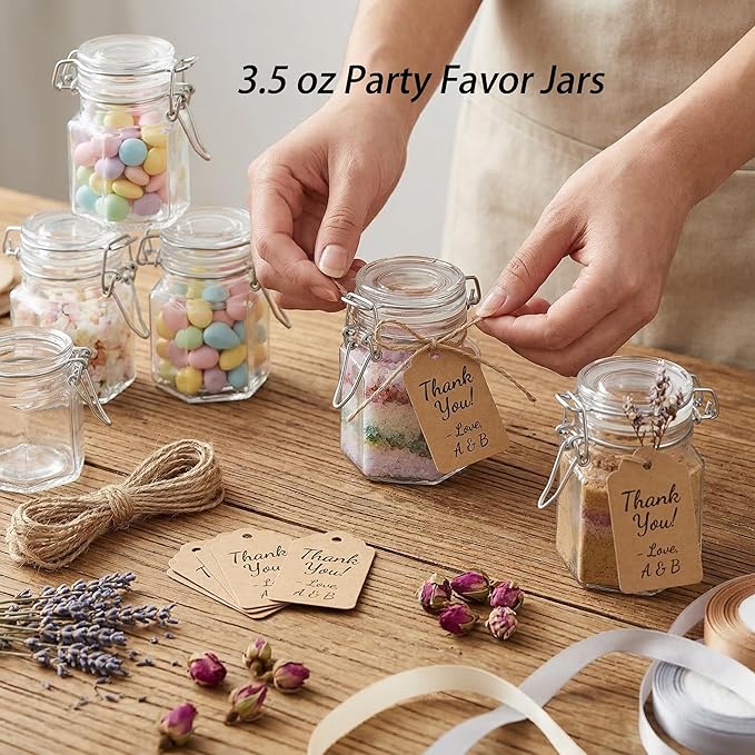 TOPZEA 30 Pack Hexagon Glass Jars with Airtight Lid, 3.5oz Clear Spice Jar, Herb Storage Containers Food jars for Pantry Organization, Honey, Jam, Party Favors & Crafts (Includes Labels & Hemp Rope)