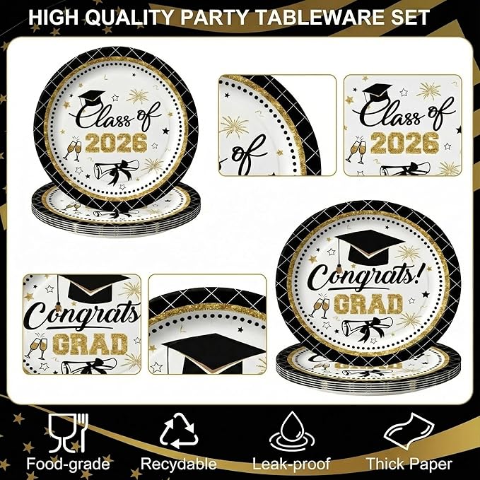Dereinwo 100 PCS Graduation Paper Plates and Napkins | Bundle Includes Paper Oval Dinner Plates Dessert Plates and Napkins for Graduation Party Supplies