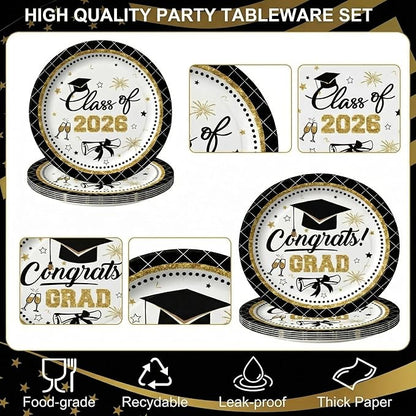 Dereinwo 100 PCS Graduation Paper Plates and Napkins | Bundle Includes Paper Oval Dinner Plates Dessert Plates and Napkins for Graduation Party Supplies