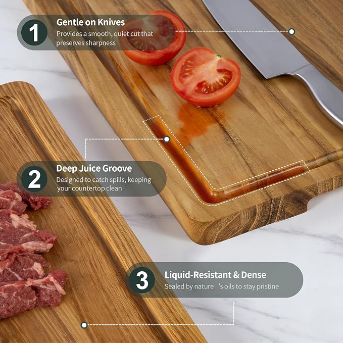 Teak Cutting Board Set for Kitchen, 3 Pack Teak Wood Chopping Boards with Holder & Deep Juice Groove Wooden Hardwood Cutting Board Set for Meat Fish Vegetables Fruits (S, M, L)
