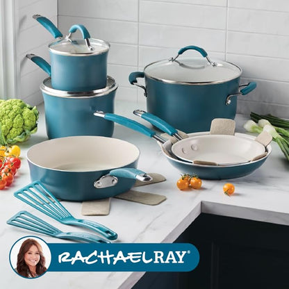 Rachael Ray Cucina Ceramic Nonstick Cookware Pots and Pans Set, 13-Piece, Marine Blue