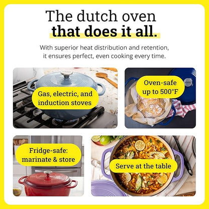 Lodge Essential Enamel Cast Iron Dutch Oven 6 Quarts - Perfect for Bread Baking, Braising, Marinating & Slow Cooking, Features Moisture-Sealing Lid & Dual Handles, Kitchen Essentials, Cornflower Blue
