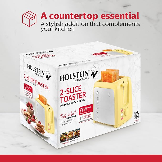 Holstein Housewares 2-Slice Toaster with 7 Browning Settings, Extra-Wide Slots, Reheat, Defrost, Cancel, High-Lift Release, Removable Crumb Tray – Compact Stainless Steel, Yellow