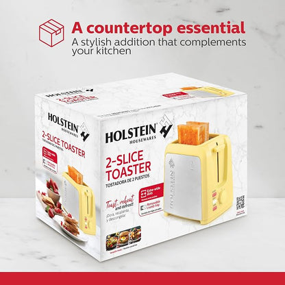 Holstein Housewares 2-Slice Toaster with 7 Browning Settings, Extra-Wide Slots, Reheat, Defrost, Cancel, High-Lift Release, Removable Crumb Tray – Compact Stainless Steel, Yellow
