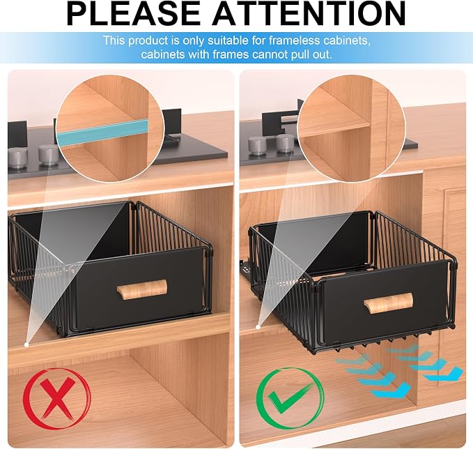 MEKOTRICIN Pull Out Cabinet Organizer, Slide Out Drawer Organizers Storage Fixed with Adhesive,Sliding Pantry Shelves with Handle for Kitchen Cupboard Bathroom Home, 11.8x6.7in, Black