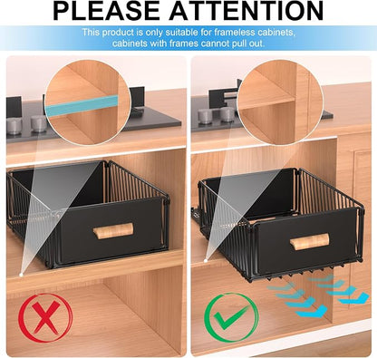 MEKOTRICIN Pull Out Cabinet Organizer, Slide Out Drawer Organizers Storage Fixed with Adhesive,Sliding Pantry Shelves with Handle for Kitchen Cupboard Bathroom Home, 11.8x6.7in, Black