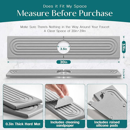 eormoe Faucet Mat for Kitchen Sink - Diatomaceous Earth Faucet Splash Guard, Fast Drying Sink Protector - Water Absorbing Stone for Bathroom Sink (Grey, 20'' x 3.9'')