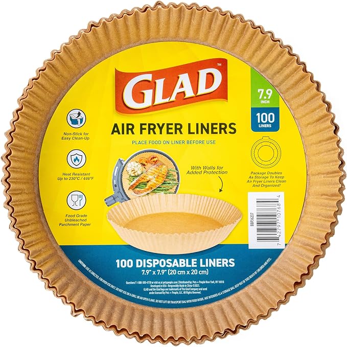 Glad Air Fryer Parchment Liners with Raised Walls, Nonstick, Heat Resistant to 446 Degrees F, Food-Grade, Round Shape for Round Air Fryer Baskets, 7.9" Diameter, 100 Count