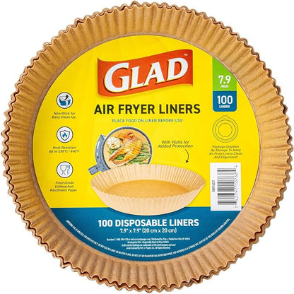 Glad Air Fryer Parchment Liners with Raised Walls, Nonstick, Heat Resistant to 446 Degrees F, Food-Grade, Round Shape for Round Air Fryer Baskets, 7.9" Diameter, 100 Count