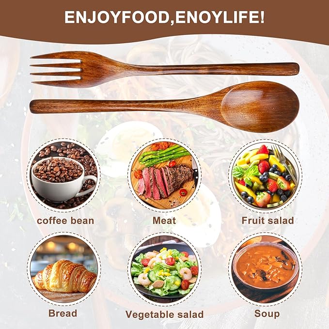 6 Pcs Wooden Forks and Spoons Reusable Wooden Spoons Forks Set Eating Utensil Set wooden Cutlery Wood Dinnerware Set Wood Kitchen Tableware Bamboo Utensils for Stirring Cooking Eating