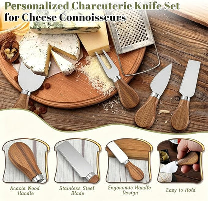6-Piece Stainless Steel Cheese Knife Set with Slicer, Cutter, Fork and Spreader, Ideal for Charcuterie Boards and Elegant Cutlery Gift Collection (Acacia-Box)