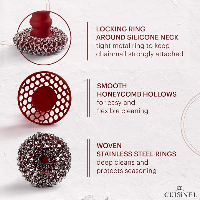 Cuisinel CAST IRON CHAINMAIL SCRUBBER AND PAN SCRAPER - DELUXE ERGONOMIC STAINLESS