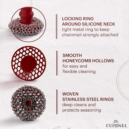Cuisinel CAST IRON CHAINMAIL SCRUBBER AND PAN SCRAPER - DELUXE ERGONOMIC STAINLESS