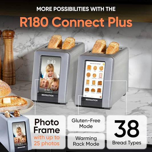 Revolution R180 Connect Plus Smart Toaster with Touchscreen – Choose from 40+ Bread Types, 7 Browning Levels, & Toastie Press Mode – Digital Picture Frame, Weather Widget, and Clock