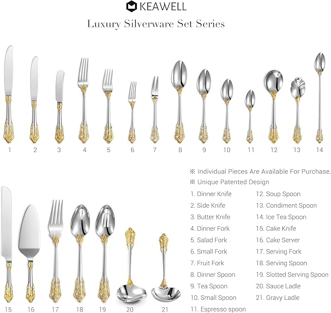 KEAWELL 2-Piece Gorgeous Large Serving Spoon, 18/10 Stainless Steel, Fine Large Serving Spoon, Sturdy Tablespoon, Dishwasher Safe, 9.4" (Gold Accent)