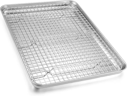 Homikit Half Baking Sheet with Wire Rack (1 Pan+1 Rack), 18" x 13" Stainless Steel Cookie Sheet Pan with Grid Cooling Rack Set for Baking, Large Bacon Tray for Oven Cooking Roasting, Dishwasher Safe