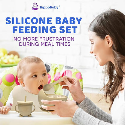 HippoBaby Baby Led Weaning Supplies | 10 Piece Silicone Baby Feeding Set | Baby Toddler Bib Cup Divided Plate and Bowl Self Feeding Spoons Dish Set | Baby Utensils | Toddler Feeding Supplies (Cream)