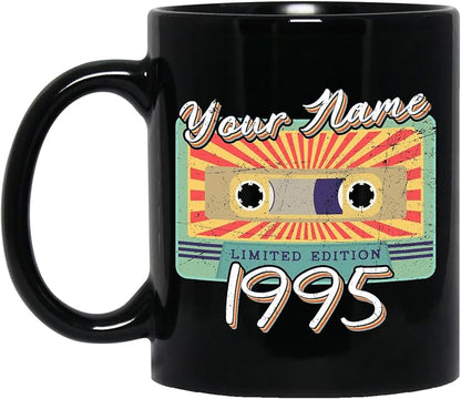 Personalized Vintage Cassette Tape Vintage 1995 Mug, Custom Your Name, 1995 Retro Coffee Mug, 27th Birthday Present Gifts, 1995 Birthday Gift For Friends Family, Customizable Black Tea Cups