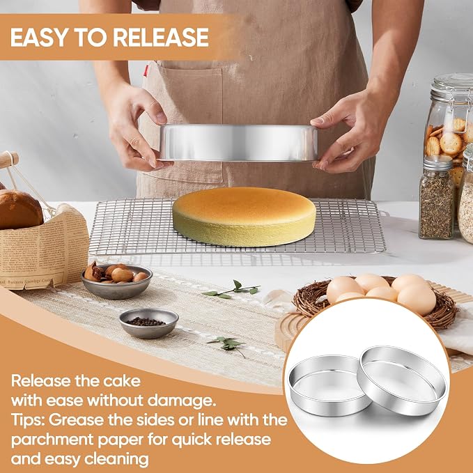 TeamFar 9 Inch Cake Pan Set of 3, Stainless Steel Round Layer Cake Baking Pans Tins for Birthday Wedding, Non-Toxic & Heavy-Duty, Mirror Finish & Leak Proof, Oven & Dishwasher Safe
