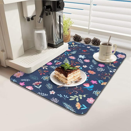 LOKHOM Dish Drying Mat for Kitchen Counter, 12"x20" Absorbent Vintage Diner Rack Mats with Colorful Floral Pattern for Coffee Maker, Coffee Pot, Dining Room Decoration
