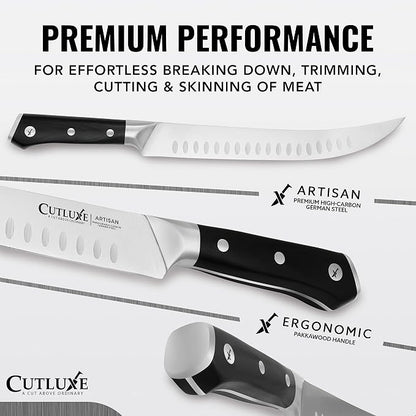 Cutluxe Butcher Knife – 10″ Cimeter Breaking Knife for BBQ & Brisket, Razor Sharp Forged German Steel, Full Tang Meat Carving Knife, Pakkawood Handle, Grilling Gifts for Men – Artisan Series