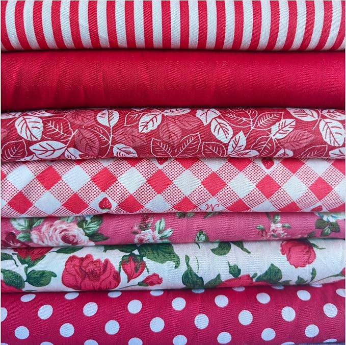 7PCS 9.8" x 9.8"(25 * 25CM) Quilting Fat Quarters Fabric Bundles, for Sewing Crafting,Print Floral Striped Polka Dot 100% Cotton Gingham Fabric (red Flowers, 25 * 25cm)
